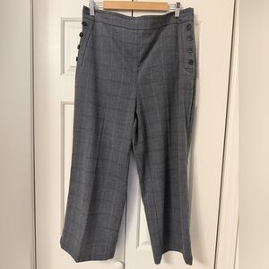 LOFT Gray Plaid Wide-Leg Trousers with Side Buttons. •	ankle-length trousers
